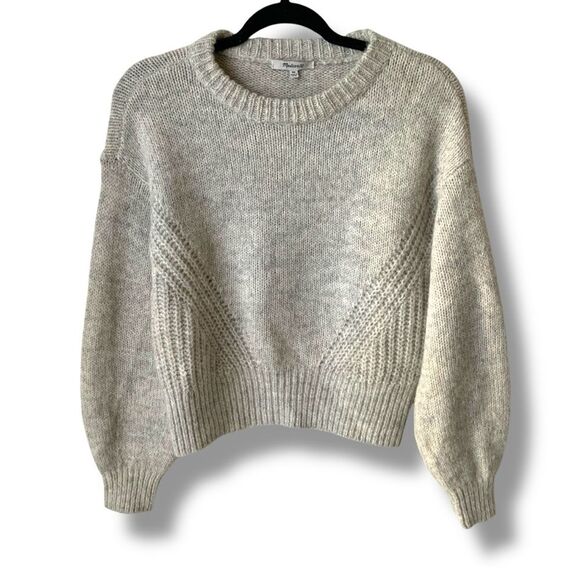 MADEWELL Wool-Blend Wedge Sweater Cozy Cropped Oversized Boho Light Gray Crew XS - Picture 4 of 11